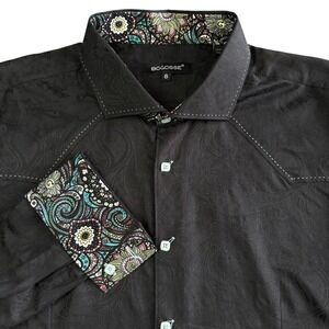 Bogosse‎ Black Paisley Long Sleeve Shirt Mens 3XL Button Up Flip Cuffs Cotton